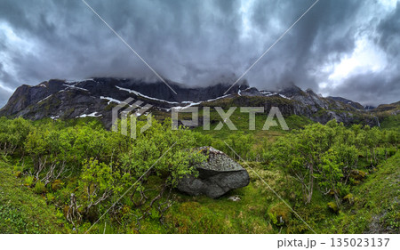 Green Valley With Snowy Mountains Near Nusfjord On Lofoten Islands In Norway 135023137
