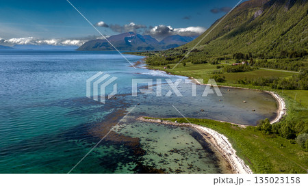 Coastal Landscape In Aerial View With Fjord And Snowy Mountains On Lofoten Islands In Norway 135023158