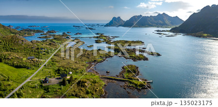Aerial View Of Coastal Landscape Near Leknes And Mortsunt On Lofoten Islands In Norway Aerial View Of Coastal Landscape Near Leknes And Mortsunt On Lofoten Islands In Norway 135023175