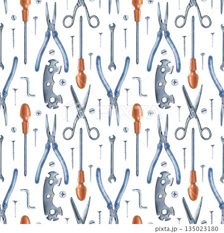 Seamless vertical pattern with working men's tools on an isolated background. Watercolor illustration with realistic iron tools for home renovation. For registration of construction and repair Seamless vertical pattern with working men's tools on an isolated background. Watercolor illustration with realistic iron tools for home renovation. For registration of construction and repair 135023180
