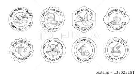 Tea Badges and Eco Stamps Set in Line Art Style. Vintage Natural and Organic Product Labels in a vector illustration Tea Badges and Eco Stamps Set in Line Art Style. Vintage Natural and Organic Product Labels in a vector illustration 135023181