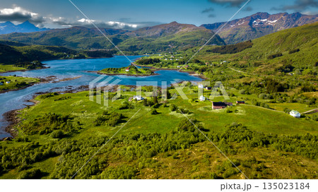 Aerial View Of Coastal Landscape Near Leknes And Mortsunt On Lofoten Islands In Norway Aerial View Of Coastal Landscape Near Leknes And Mortsunt On Lofoten Islands In Norway 135023184
