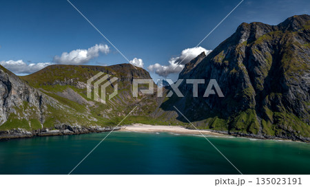 Kvalvika Sand Beach With Mountains And Ocean On Lofoten Islands In Norway 135023191