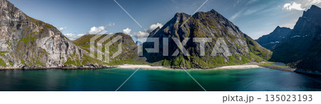 Kvalvika Sand Beach With Mountains And Ocean On Lofoten Islands In Norway 135023193
