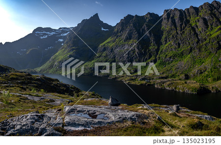 Lake Agvatnet In Village A I Lofoten At The End Of The Lofoten Islands In Norway Lake Agvatnet In Village A I Lofoten At The End Of The Lofoten Islands In Norway 135023195