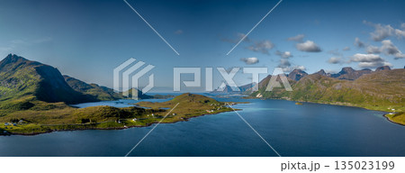 Aerial View Of Coastal Village Fredvang In Torsfjord On Lofoten Islands In Norway 135023199