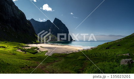Kvalvika Sand Beach With Mountains And Ocean On Lofoten Islands In Norway 135023201