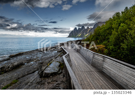 Viewpoint Tungeneset With Fjord, Mountains And Spectacular Bridge On Senja Island In Norway Viewpoint Tungeneset With Fjord, Mountains And Spectacular Bridge On Senja Island In Norway 135023346