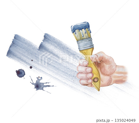 A man's hand holds a paint brush against a background of blue paint stripes and blots. Watercolor illustration of a painter's or painter's hand on an isolated background. Realistic clipart for the 135024049