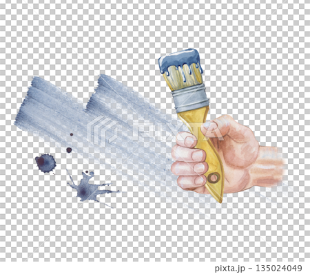A man's hand holds a paint brush against a background of blue paint stripes and blots. Watercolor illustration of a painter's or painter's hand on an isolated background. Realistic clipart for the 135024049