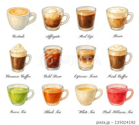 Watercolor coffee and tea drinks icon set, traced vector. Beverages in cups and glasses, colorful cliparts. Cortado, affogato, red eye, breve, viennese coffee, cold brew, green tea, black tea, etc. 135024192