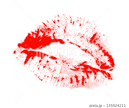 Red lipstick imprint halftone element for collage and scrapbook. Female lips, kiss mark with grunge dotted texture. Love and Valentine's Day, modern retro vector illustration on transparent background 135024211