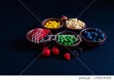 Nutritional food for heart health wellness by cholesterol diet and healthy nutrition eating with clean fruits and vegetables in heart dish by nutritionist and doctor recommended for patient well-being 135024509