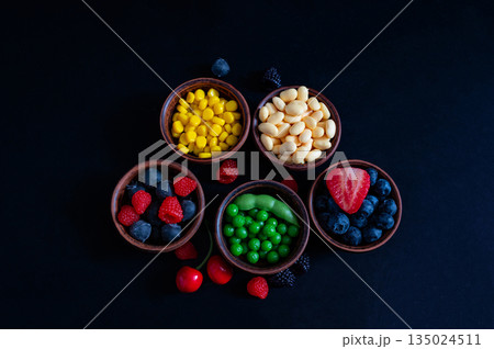 Nutritional food for heart health wellness by cholesterol diet and healthy nutrition eating with clean fruits and vegetables in heart dish by nutritionist and doctor recommended for patient well-being 135024511