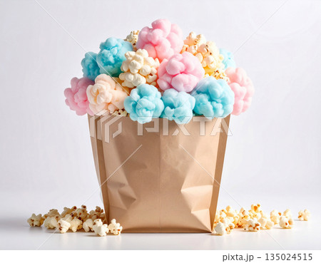 Presentation. Bright food for movie theaters. Popcorn and cotton candy in a paper bag. 135024515