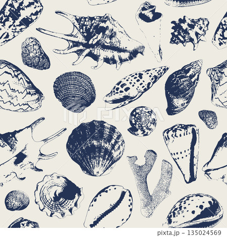Vector underwater seamless pattern of seashells collection and corals Isolated on white background. For interior design, prints, fabric or background. 135024569