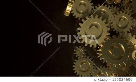 Golden Mechanical Gears Concept Representing Industry Engineering and Business Efficiency 3d render. 135024696