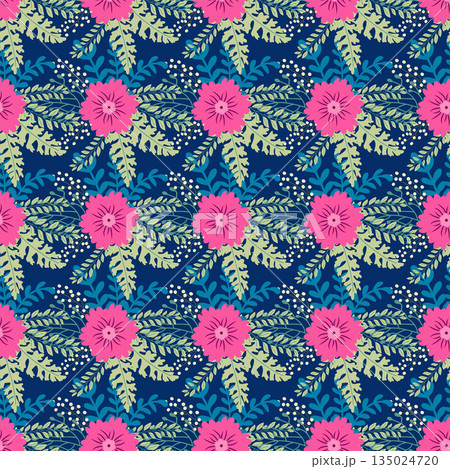 Vintage Decorative seamless pattern in classic style with small flowers, ditsy. Light silhouettes of flowers, two-color ornament in pastel colors 135024720