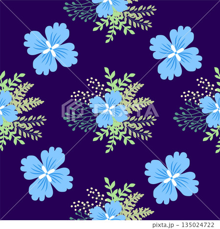 Vintage Decorative seamless pattern in classic style with small flowers, ditsy. Light silhouettes of flowers, two-color ornament in pastel colors 135024722
