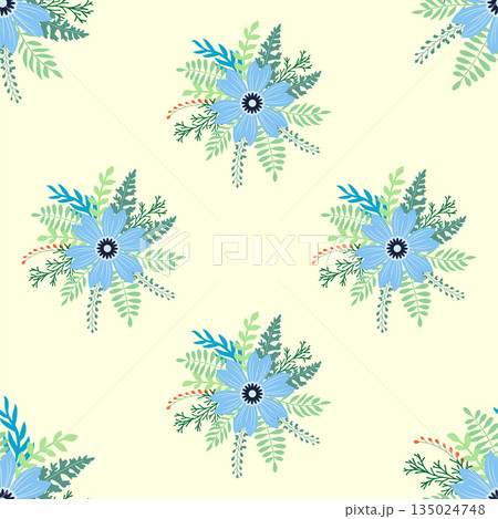 Vintage Decorative seamless pattern in classic style with small flowers, ditsy. Light silhouettes of flowers, two-color ornament in pastel colors 135024748