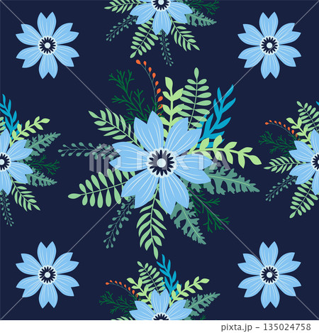 Vintage Decorative seamless pattern in classic style with small flowers, ditsy. Light silhouettes of flowers, two-color ornament in pastel colors 135024758