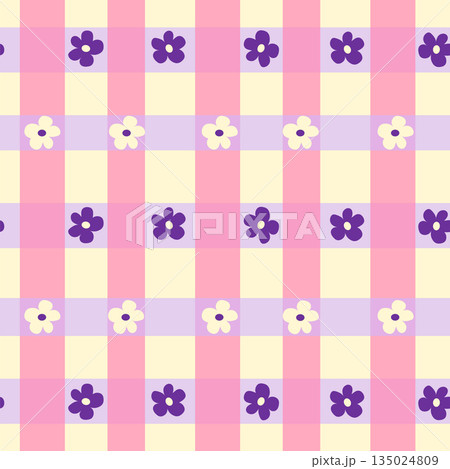 Gingham seamless vector pattern with meadow chamomile flowers and hearts. Tartan check. Cozy cute childish background in a pastel palette 135024809