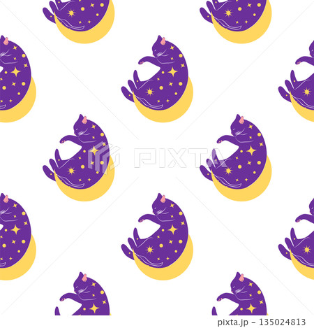 Mystical seamless pattern of cats in boho style, silhouette collection. Witchcraft and magic Mystical seamless pattern of cats in boho style, silhouette collection. Witchcraft and magic 135024813