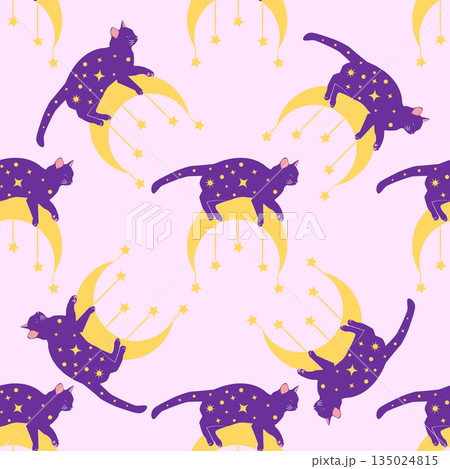 Mystical seamless pattern of cats in boho style, silhouette collection. Witchcraft and magic 135024815