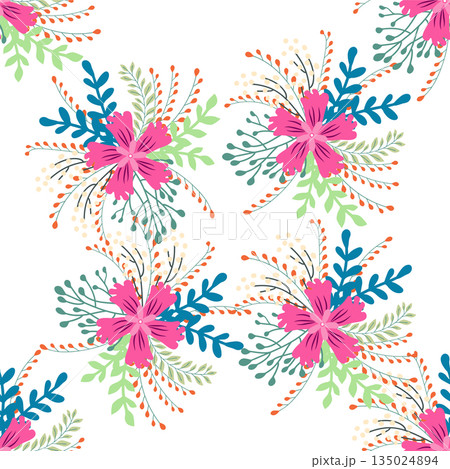 Vintage Decorative seamless pattern in classic style with small flowers, ditsy. Light silhouettes of flowers, two-color ornament in pastel colors 135024894