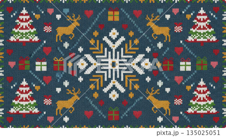 北欧風ニット模様の冬のデザイン。ざくざくとした編み目の質感　クリスマスの祝祭感と雪の結晶とトナカイ 135025051