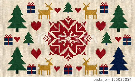 北欧風ニット模様の冬のデザイン。ざくざくとした編み目の質感　クリスマスの祝祭感と雪の結晶とトナカイ 135025054