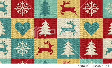 北欧風ニット模様の冬のデザイン。ざくざくとした編み目の質感　クリスマスの祝祭感と雪の結晶とトナカイ 135025061