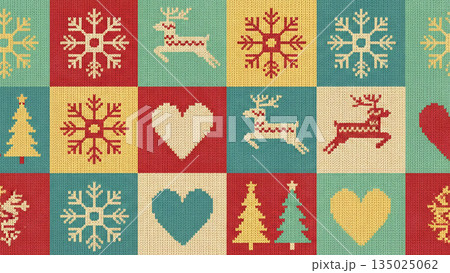 北欧風ニット模様の冬のデザイン。ざくざくとした編み目の質感 クリスマスの祝祭感と雪の結晶とトナカイ 北欧風ニット模様の冬のデザイン。ざくざくとした編み目の質感 クリスマスの祝祭感と雪の結晶とトナカイ 135025062