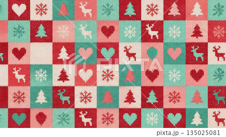 北欧風ニット模様の冬のデザイン。ざくざくとした編み目の質感 クリスマスの祝祭感と雪の結晶とトナカイ 北欧風ニット模様の冬のデザイン。ざくざくとした編み目の質感 クリスマスの祝祭感と雪の結晶とトナカイ 135025081