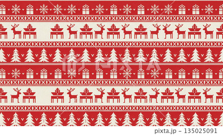 北欧風ニット模様の冬のデザイン。ざくざくとした編み目の質感　クリスマスの祝祭感と雪の結晶とトナカイ 135025091