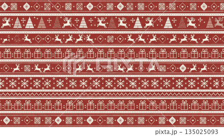 北欧風ニット模様の冬のデザイン。ざくざくとした編み目の質感　クリスマスの祝祭感と雪の結晶とトナカイ 135025093
