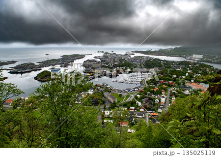View From Hiking Path Devils Stairs To Djevelporten Over City Svolvaer On Lofoten Islands In Norway View From Hiking Path Devils Stairs To Djevelporten Over City Svolvaer On Lofoten Islands In Norway 135025119