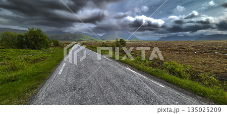 Abandoned Rural Road Through Moore Landscape On Andoya Island Of Lofoten In Norway Abandoned Rural Road Through Moore Landscape On Andoya Island Of Lofoten In Norway 135025209