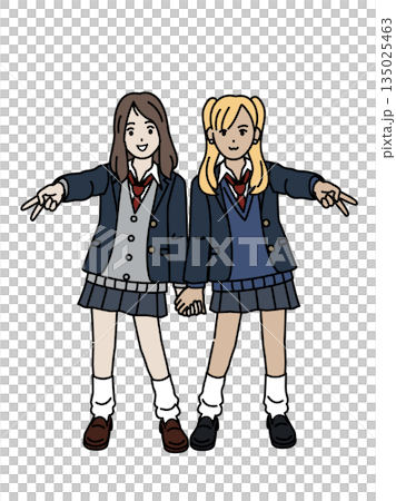 Illustration of a high school girl gal making a 'peace' sign 135025463