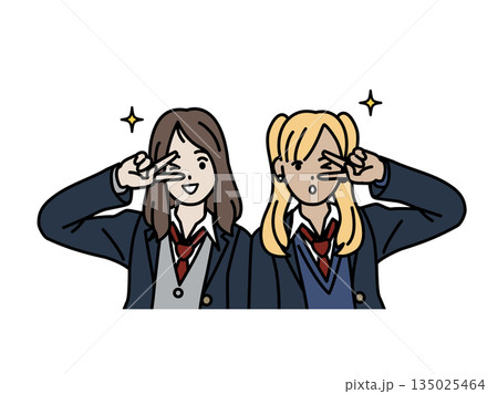ピーズサインをする女子高生ギャルのイラスト 135025464