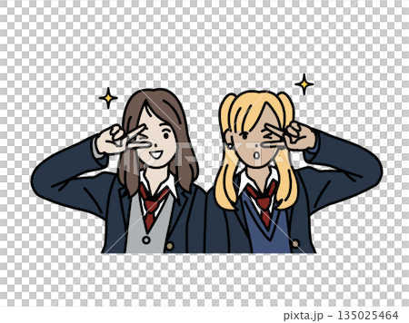 ピーズサインをする女子高生ギャルのイラスト 135025464