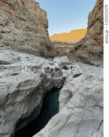 Wadi Shap Cave, Oman. Wildlife In Oman. Rocks and river, desert and water. Oasis. Beauty of Oman, Tranquil Oasis in Oman, A Desert Paradise with Serene Water Pools and Stunning Canyons 135025479