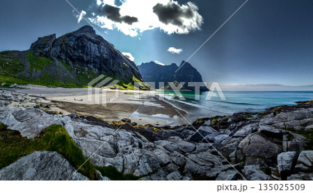 Kvalvika Sand Beach With Mountains And Ocean On Lofoten Islands In Norway 135025509