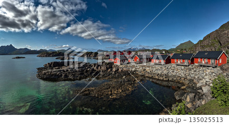 Picturesque Red Rorbuer Huts At The Coast On Lofoten Islands In Norway Picturesque Red Rorbuer Huts At The Coast On Lofoten Islands In Norway 135025513