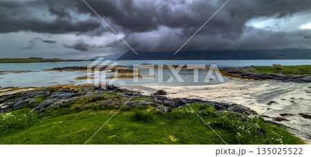White Sand Beach With Mountain And Fjord On Lofoten Islands In Norway 135025522