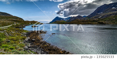 Coastal Landscape With Fjord And Bridge On Lofoten Islands In Norway Coastal Landscape With Fjord And Bridge On Lofoten Islands In Norway 135025533