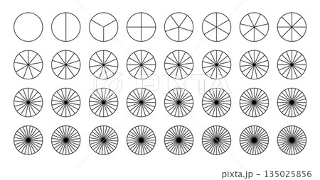 Segmented charts. Sectors divide the circle on equal parts. Parts of diagram wheel from 1 to 32. Template of pie chart. Coaching blank. Outline black graphics. Pie charts, pizza charts set. Segments i 135025856