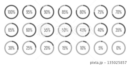 Circle diagrams icons for infographics from 100 to 0 percent. Template of dark gray and gray color fill pie charts indicator. Round graph loading progress set. Light black progress bars. Round Circle diagrams icons for infographics from 100 to 0 percent. Template of dark gray and gray color fill pie charts indicator. Round graph loading progress set. Light black progress bars. Round 135025857