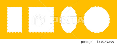 Postage stamp template frames. Backdrops for postcards, letters, empty borders. Oval or circle and rectangular blank vintage stamps. Label, tags, coupons boxes with wavy, wiggly perforated edges. 135025859