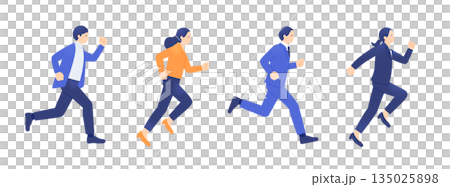 一支奔跑的商業團隊。圖中描繪了四位商務人士並肩奔跑的場景。 135025898